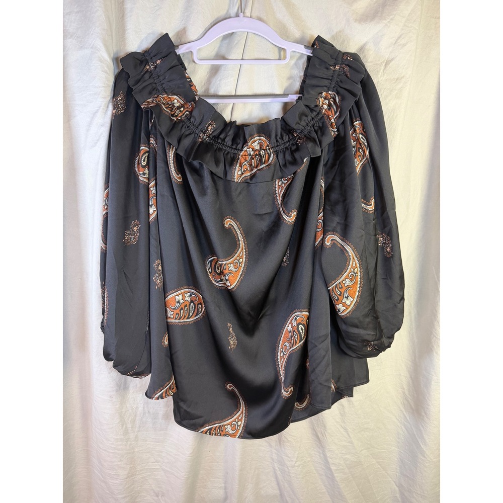 NYEGRA Women 2X Black Orange Paisley Satin Off Shoulder Ruffle‎ Blouse Top Boho